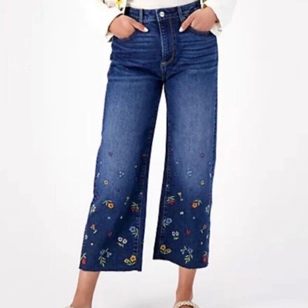 Free People-Driftwood Jeans Charlee Wide Leg Embroidered Crop TweedleDee Sz 14